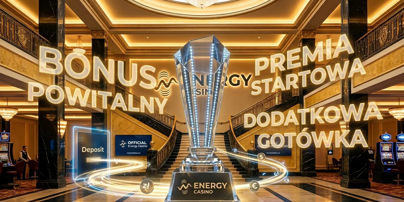 Energy Casino bonus powitalny — banner z trofeum i hasłem premia startowa
